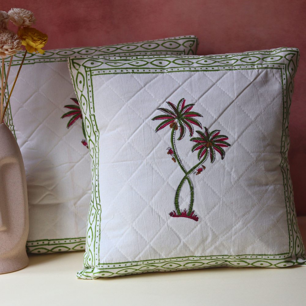Green palm quilted cushion cover 