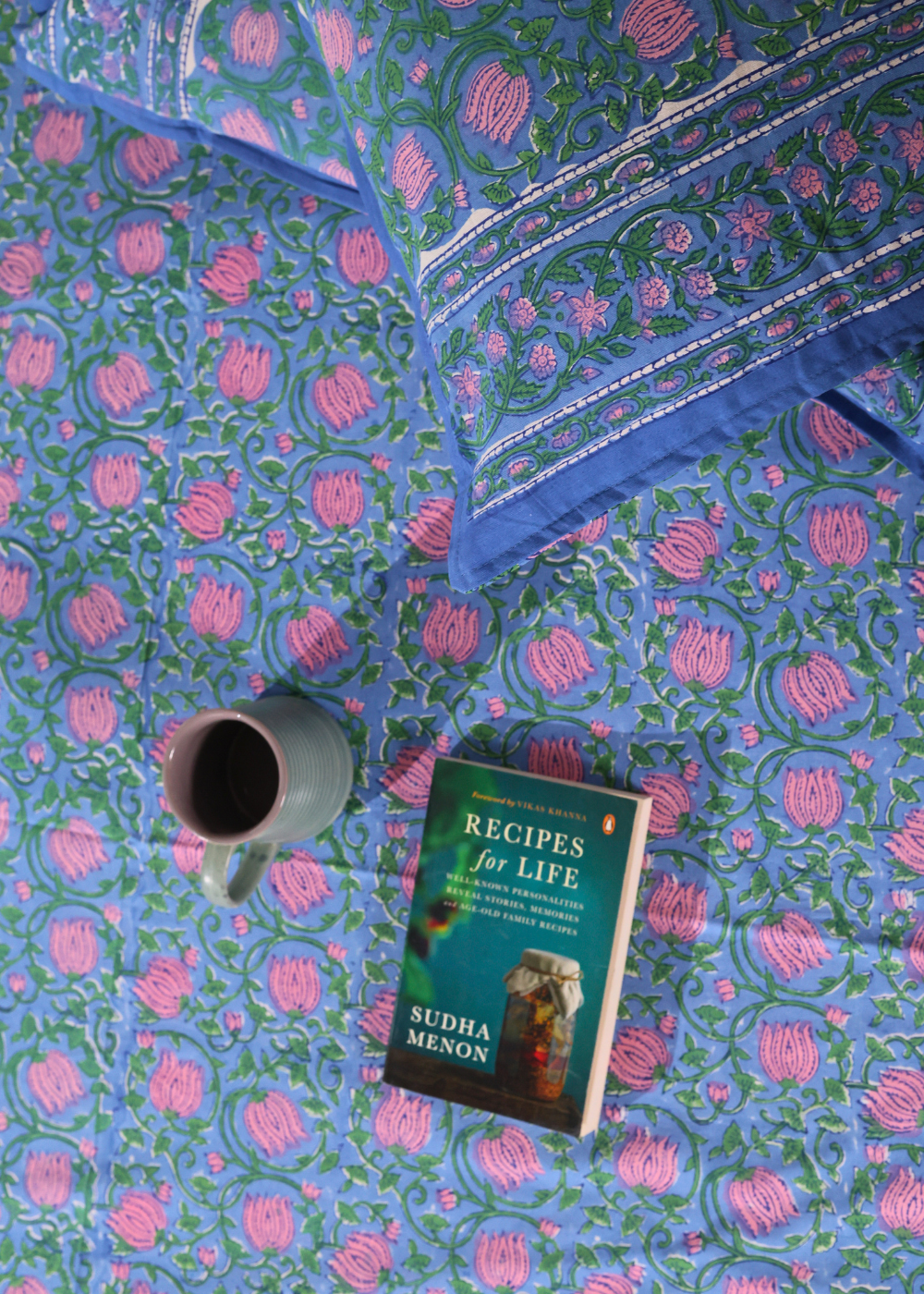 Blue & Pink Lotus Block Printed Bedsheet
