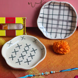 Crosses & Checks Handmade Dessert plate Rakhi Gift box made by ceramic