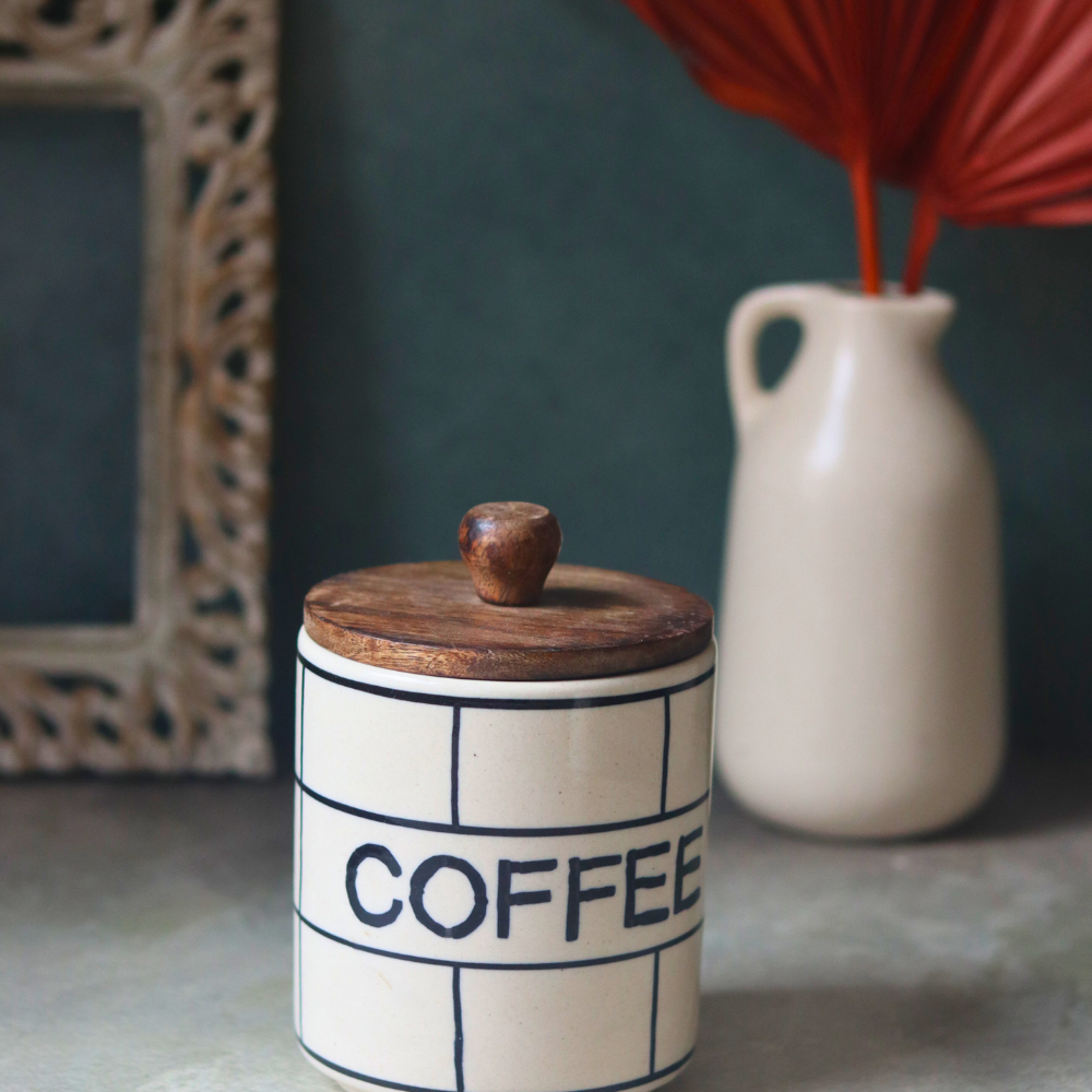 Chequered coffee jar handmade ceramic