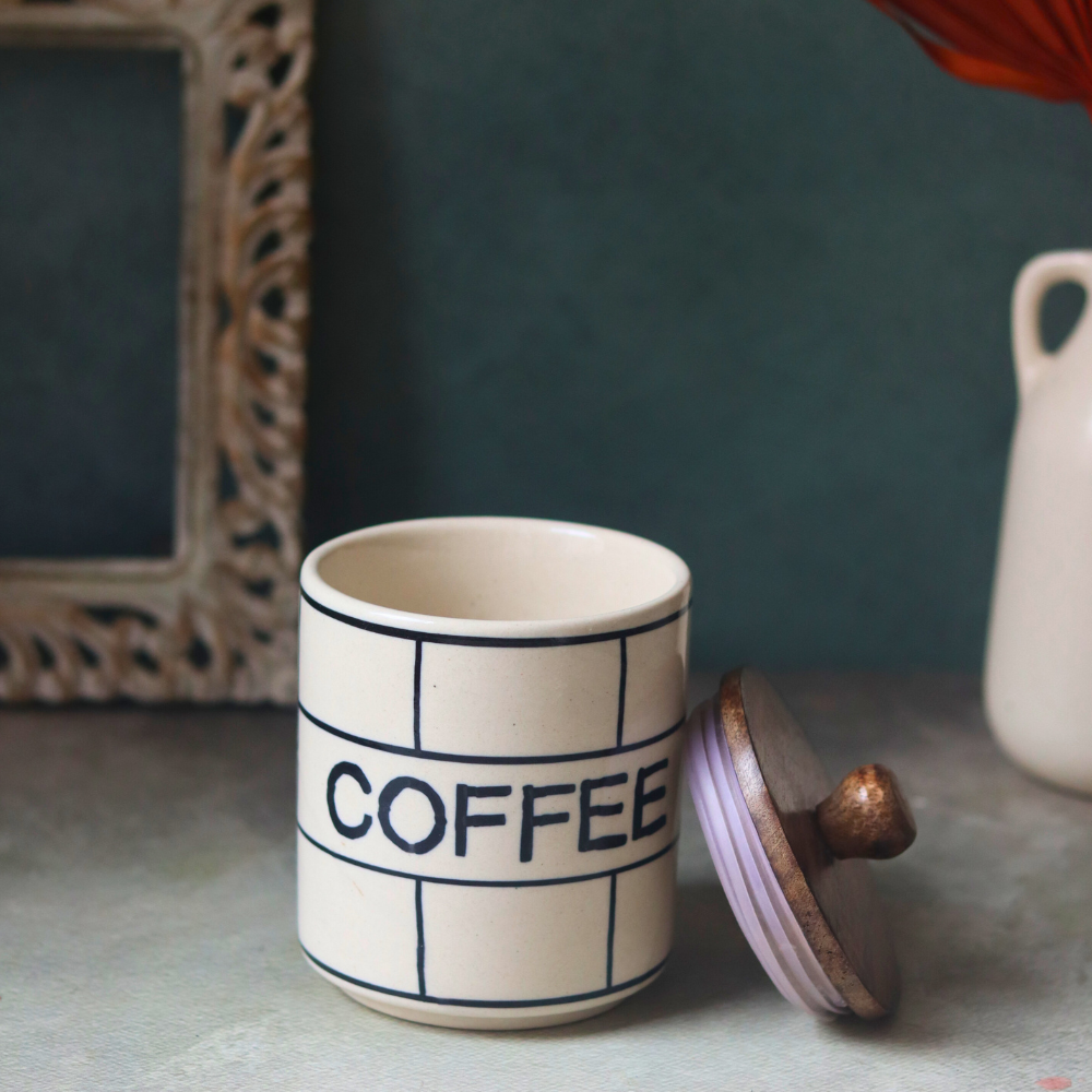 Handmade ceramic coffee jar with wooden lid
