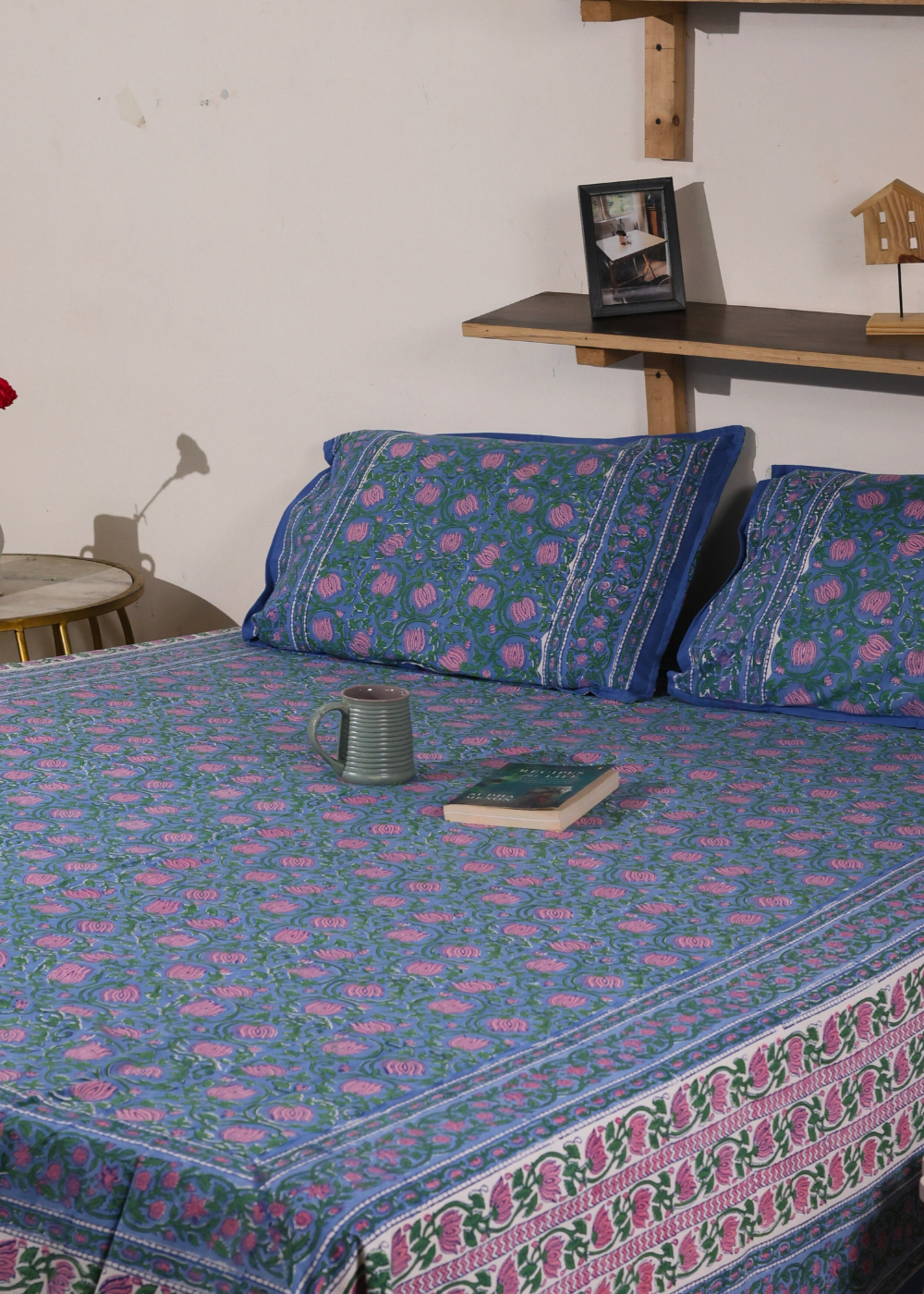 Blue & Pink Lotus Block Printed Bedsheet