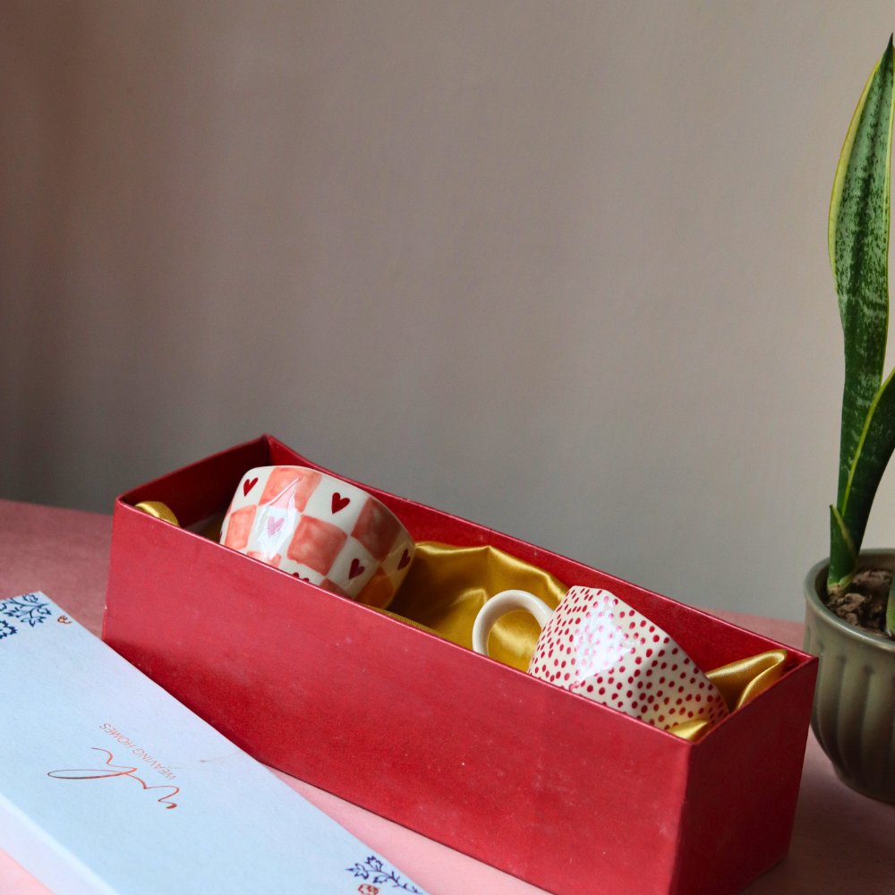 Chequered heart and polka coffee mug in gift box