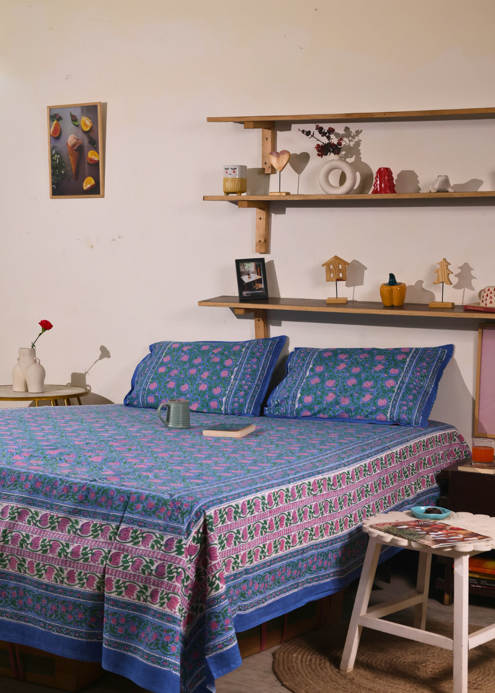 Blue & Pink Lotus Block Printed Bedsheet