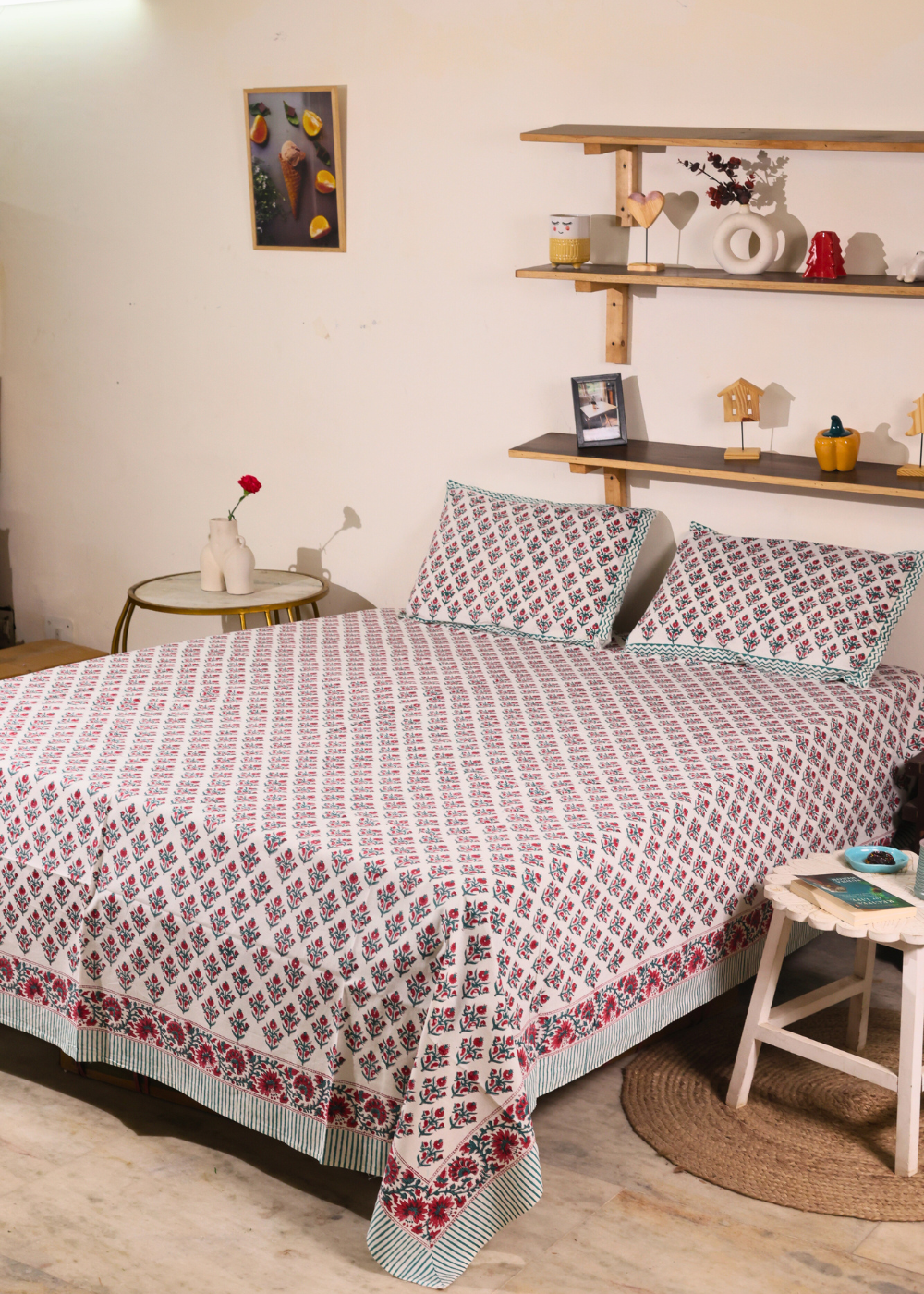 Red Motifs Block Printed Bedsheet