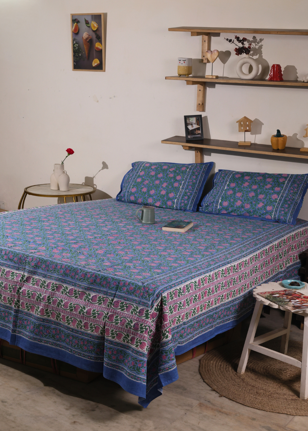 Blue & Pink Lotus Block Printed Bedsheet