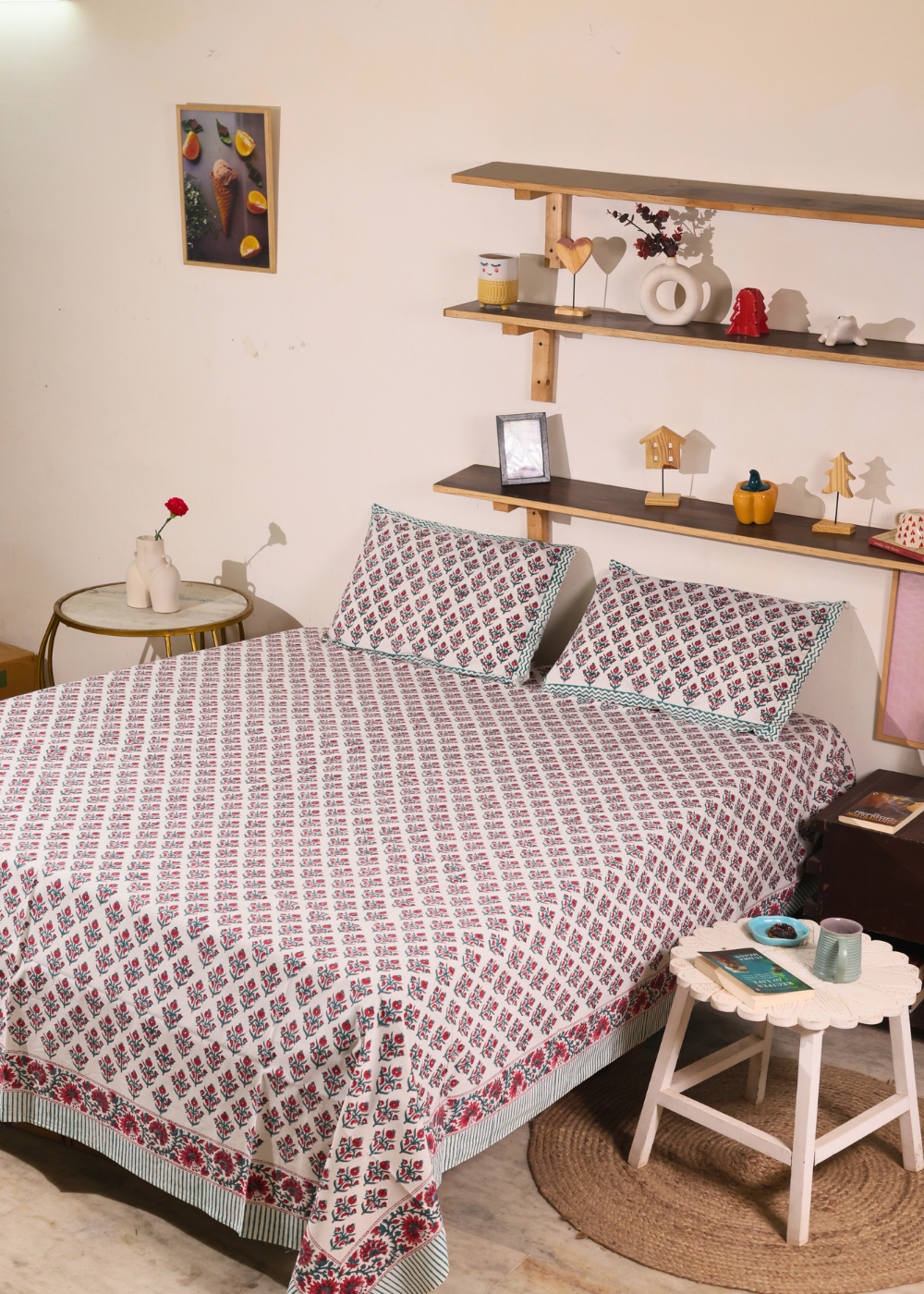 Red Motifs Block Printed Bedsheet