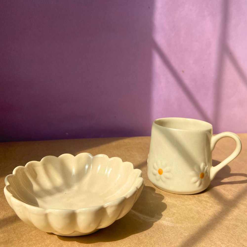 white lily mug & bowl set made by ceramic 