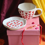 Heart Mug & All Heart Dessert Plate Rakhi Gift Box handmade in India