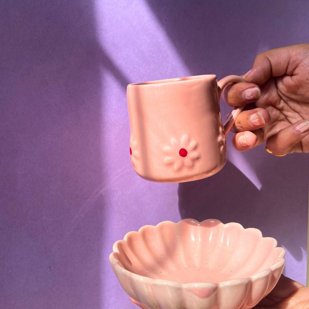 PInk lily Mug & ice cream bowl handmade in india 