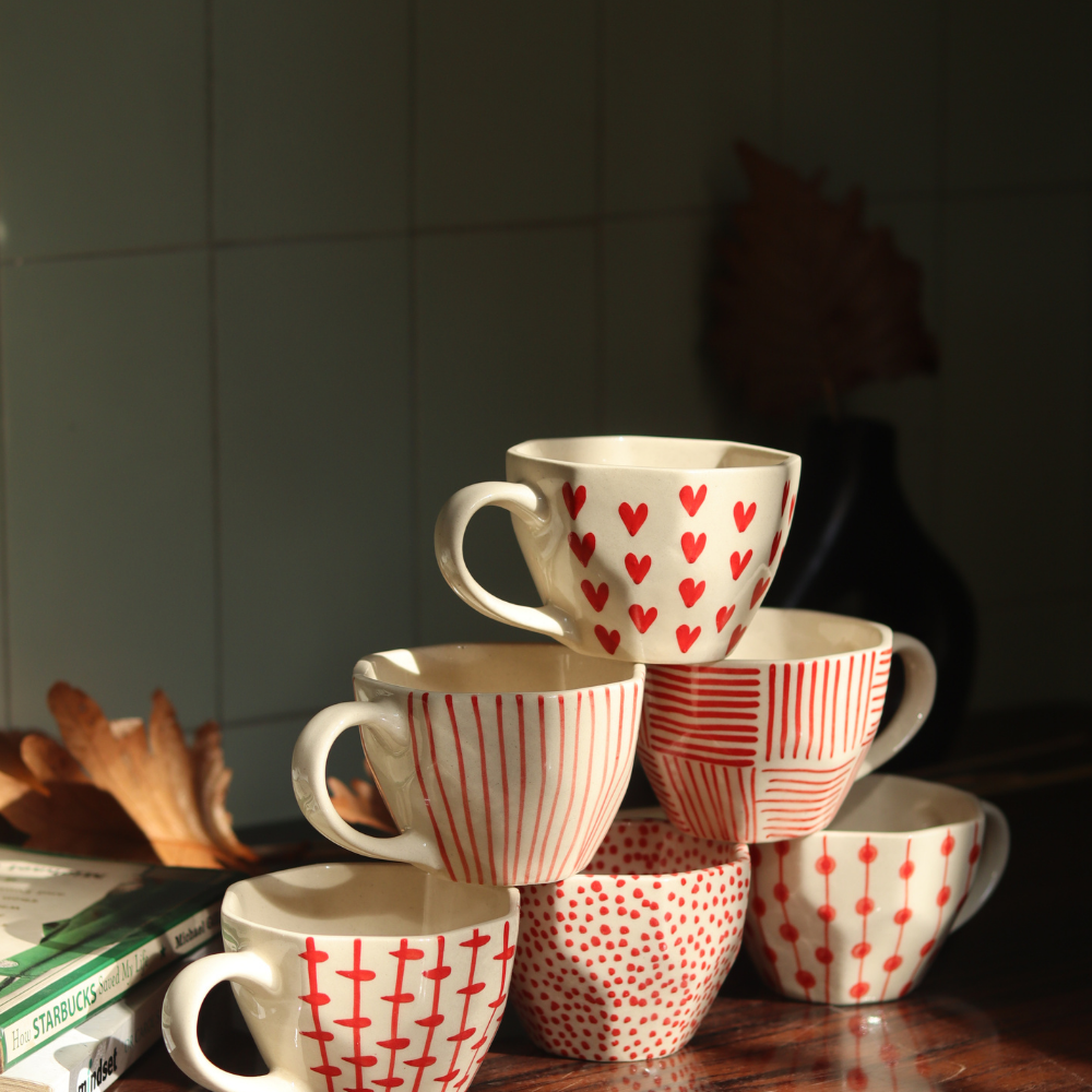 handmade set of 6 red & white mugs combo