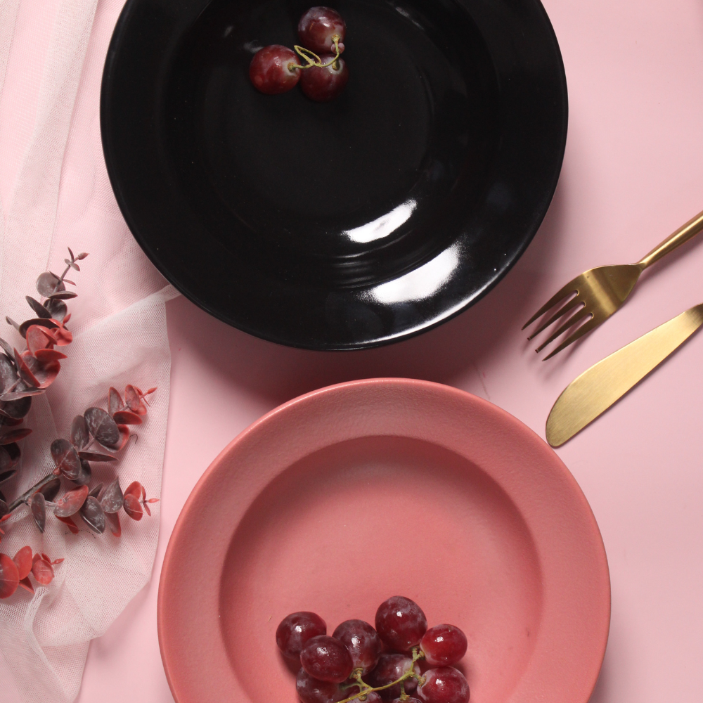 handmade rosy pink & black pasta plate made by ceramic 