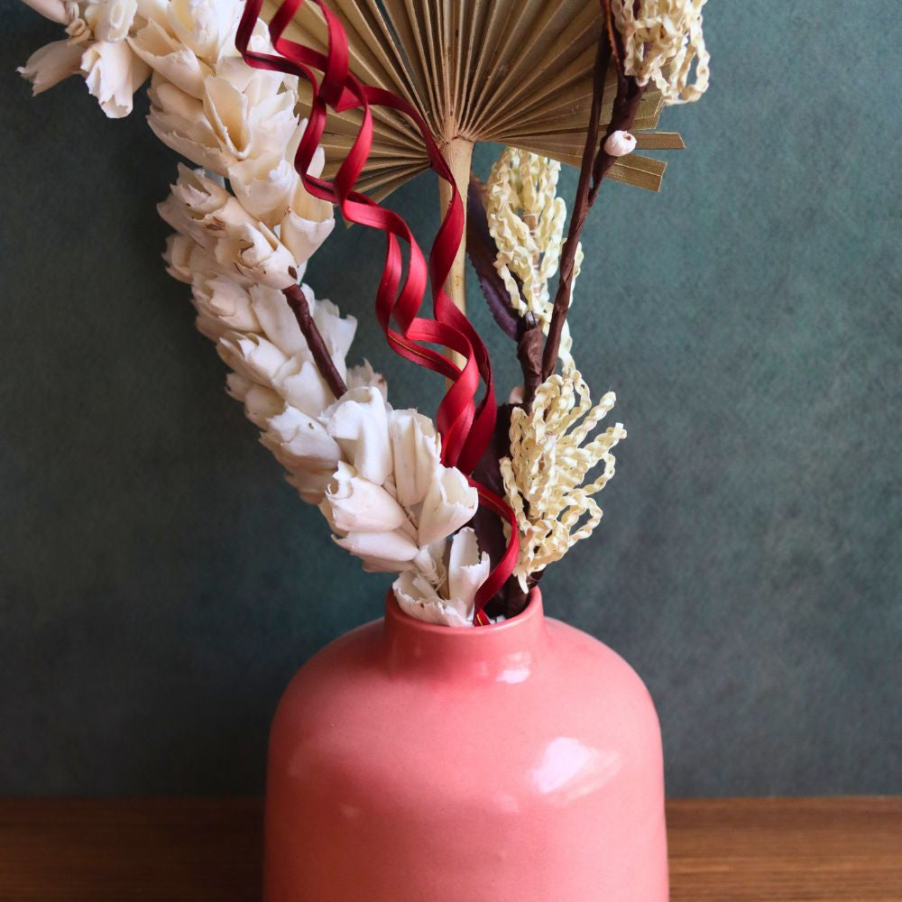 Pink round vase with Assorted bunch combo handmade in india