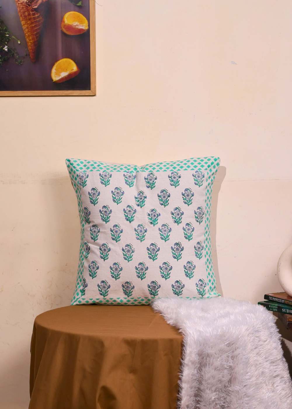 Teal cotton cushion cover