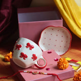 Bow Mug & Red Polka Dessert Plate Rakhi Gift Box with premium quality material