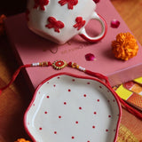 Bow Mug & Red Polka Dessert Plate Rakhi Gift Box handmade in India
