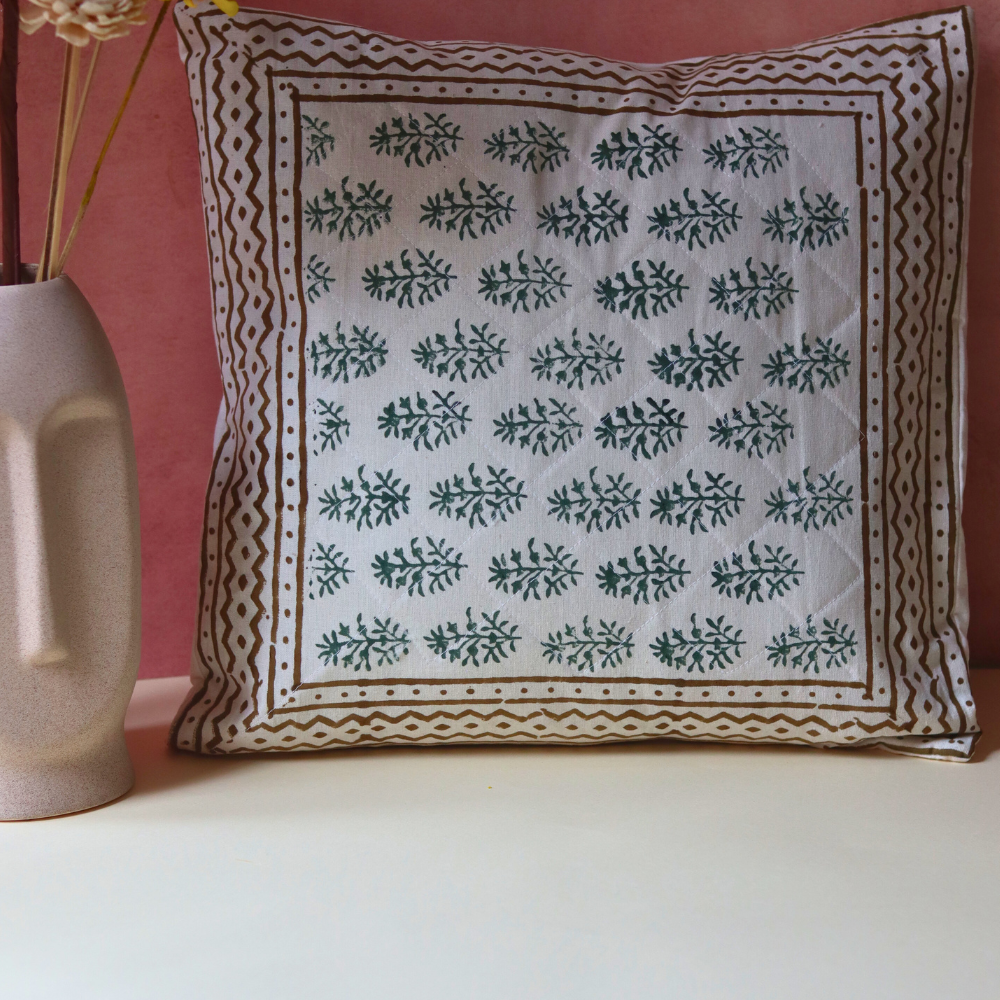 Green motifs quilted cotton cushion covers