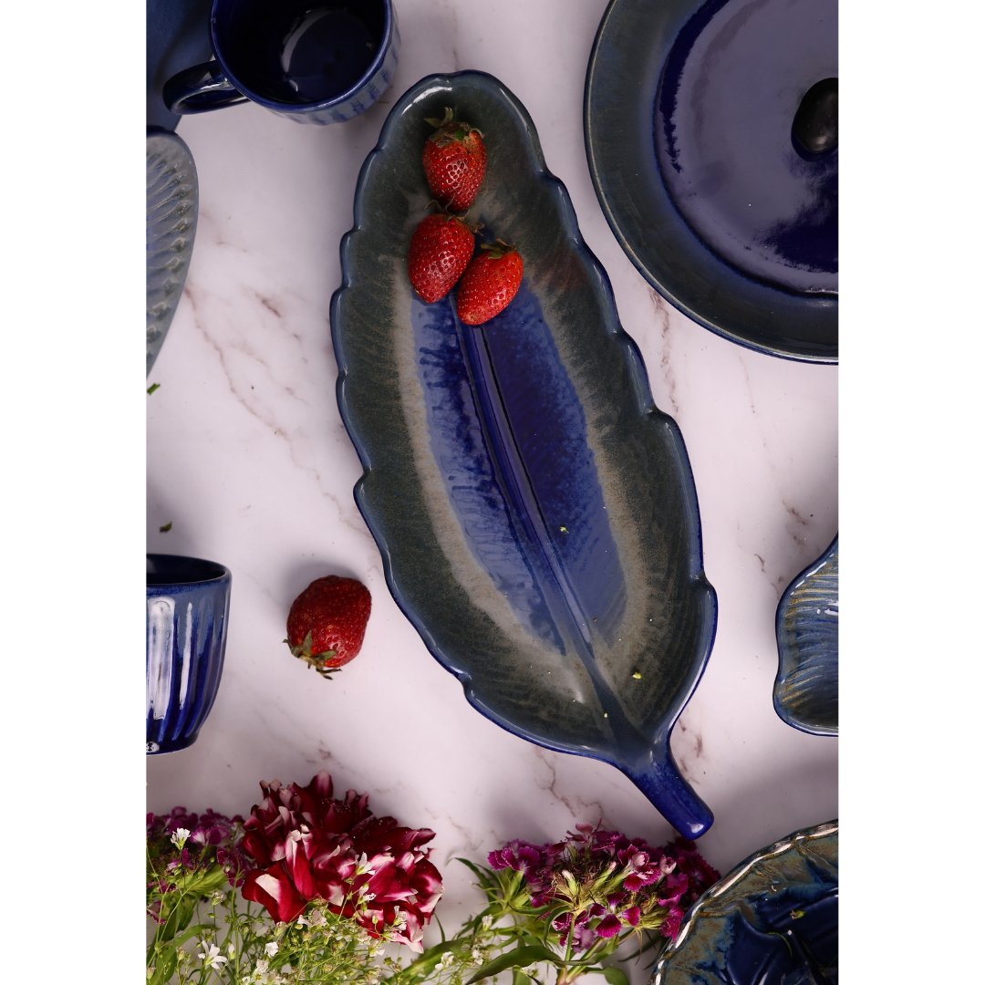 Handmade ceramic royal blue leaf platter