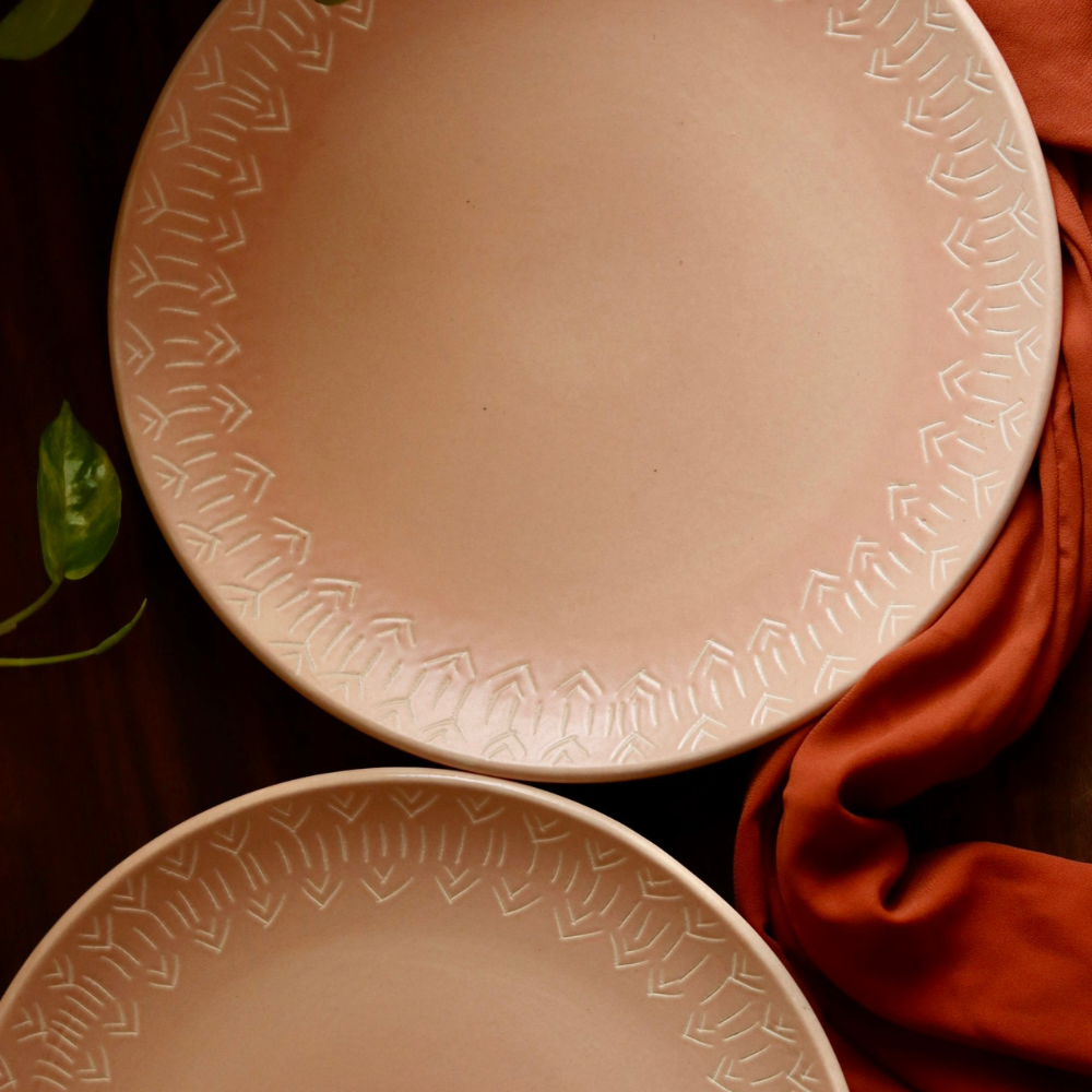 Blush pink ceramic carved dinner plates 