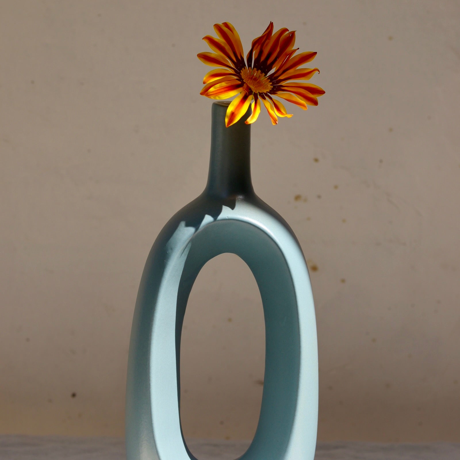 Grey contour vase with yellow flower 