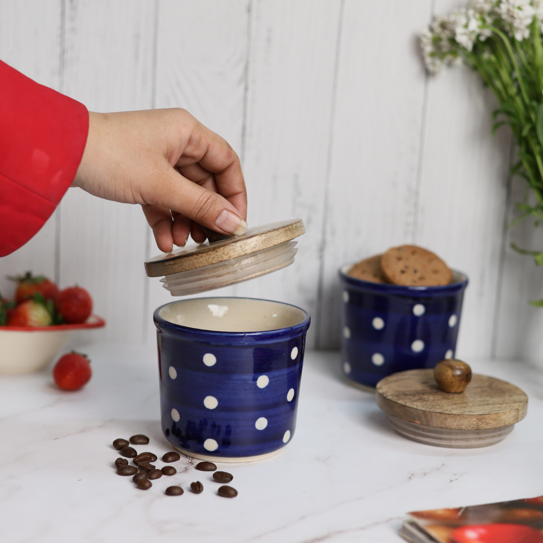 Blue polka jar in kitchen or dining area