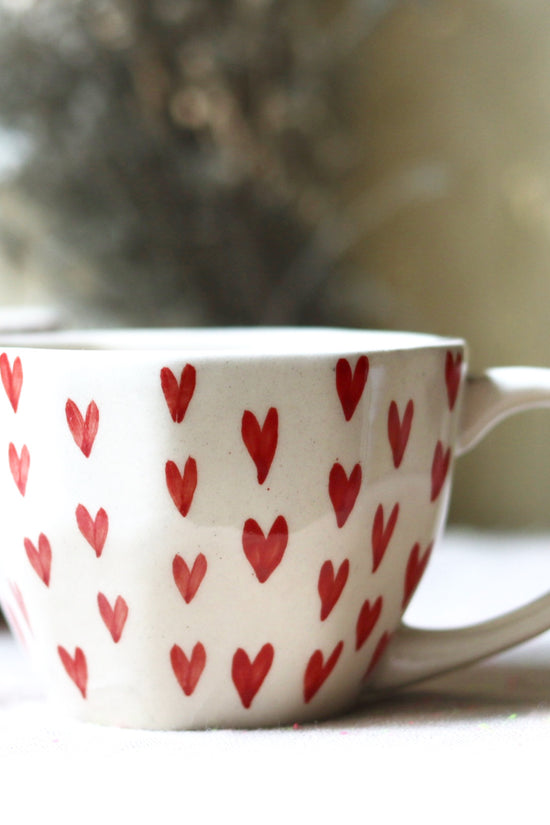 handmade heart mug with little hearts 
