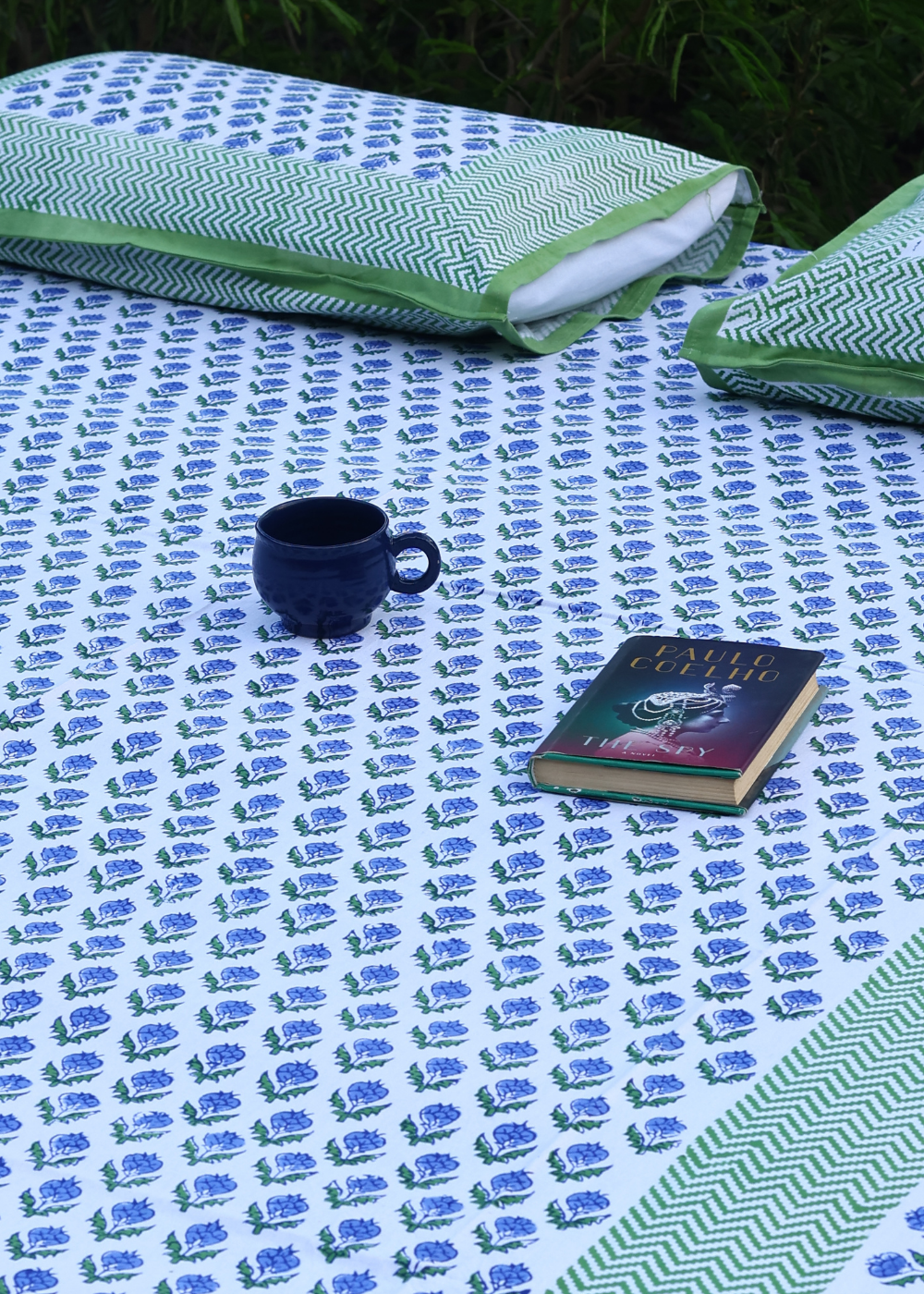 Green & blue motifs block printed bedsheet with books