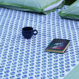 Green & blue motifs block printed bedsheet with books