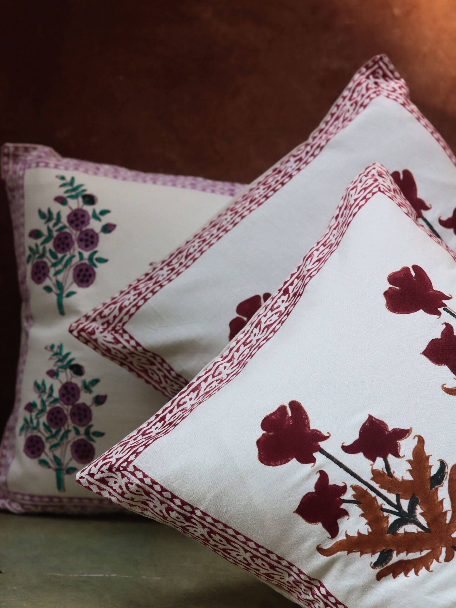 Maroon Floral & Purple Floweret Cushion Cover combo made by cotton