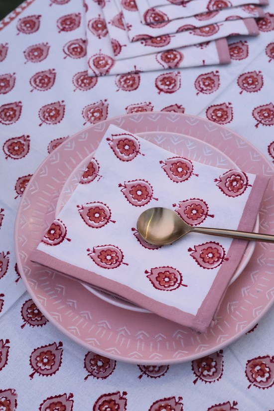 Red floral block printed table napkin