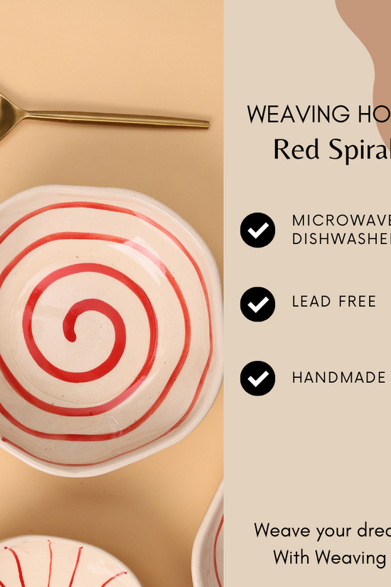 White bowl with red spiral print significations