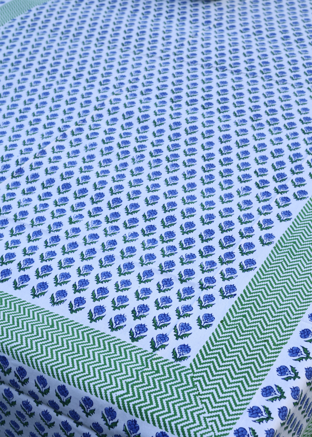 Green & Blue Motifs Block Print Bedsheet
