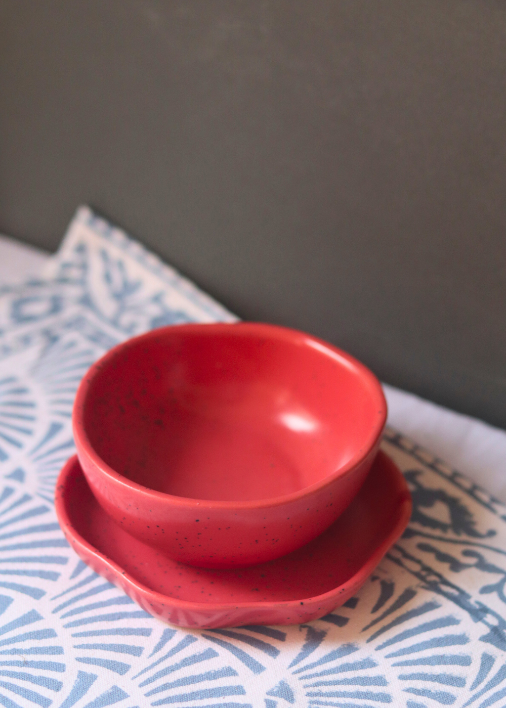 red nut bowl & red handmade dessert plate made by ceramic