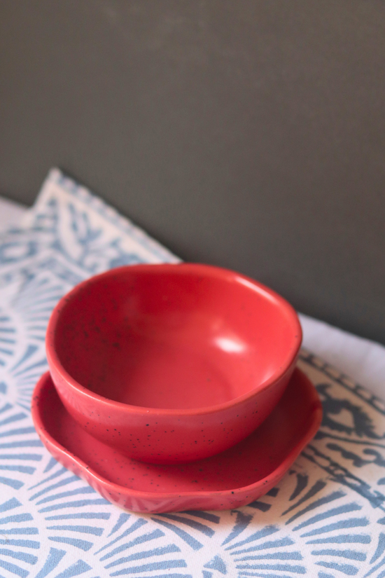 red nut bowl & red handmade dessert plate made by ceramic