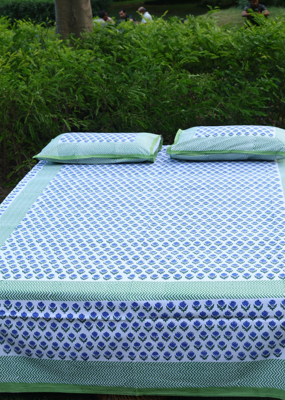 Block printed green & blue bedsheet 