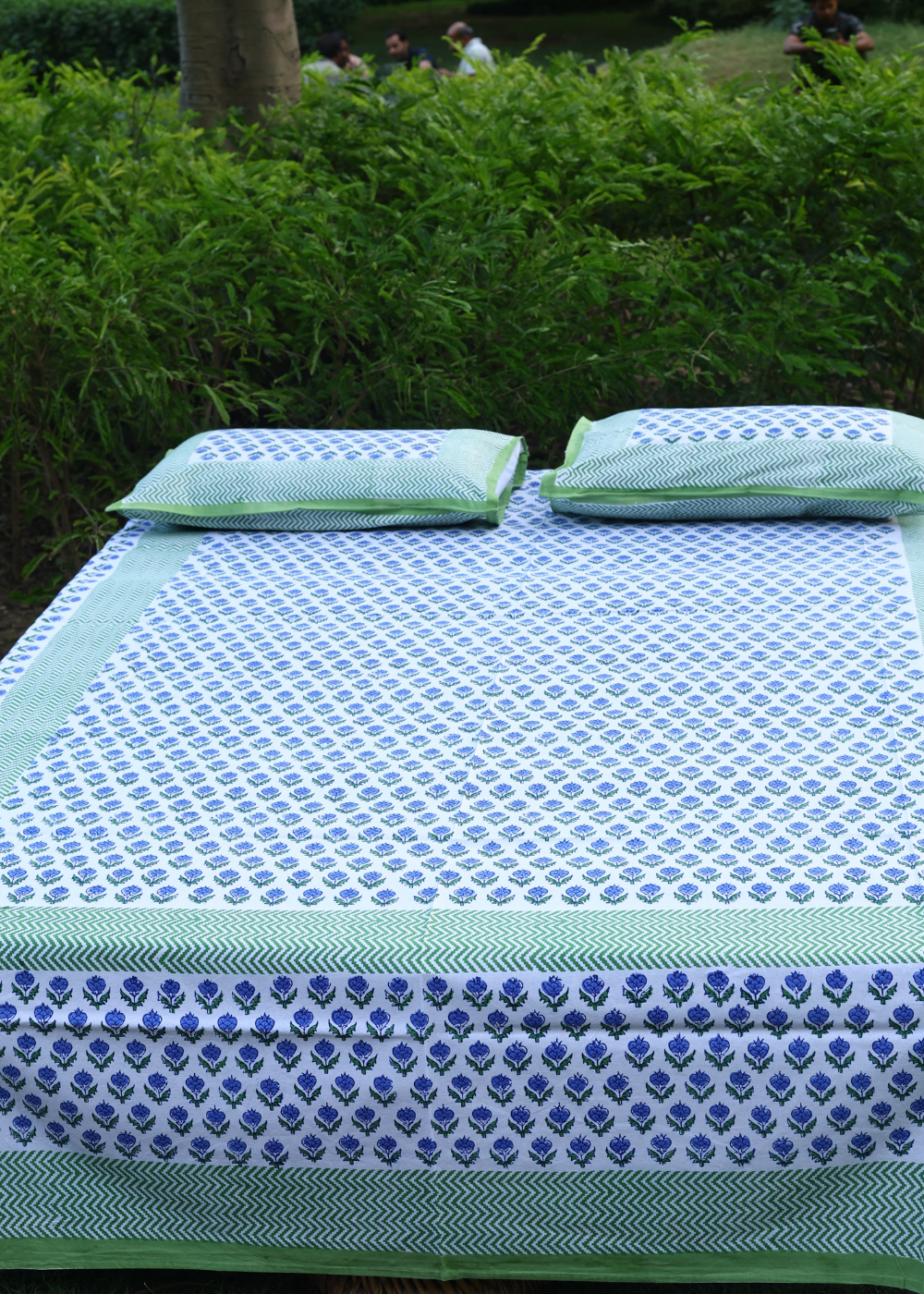 Green & Blue Motifs Block Print Bedsheet