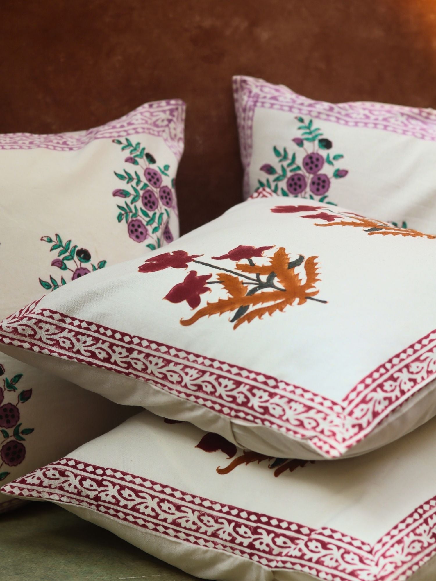 Maroon Floral & Purple Floweret Cushion Cover combo handmade in India