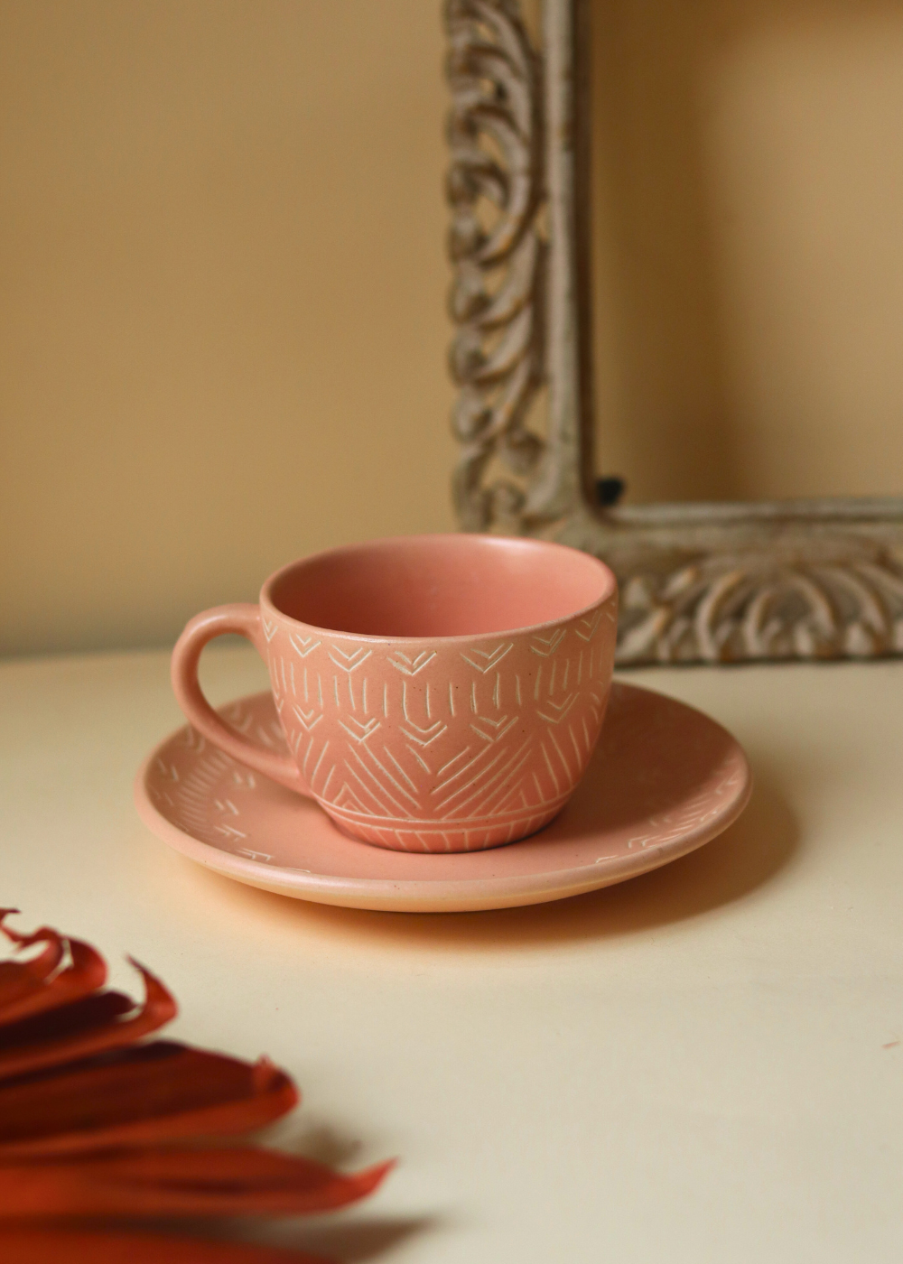 Elegant design handmade ceramic carved cup and saucer set