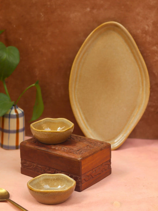 handmade Artisanal Beige Serving Platter with Bowls
