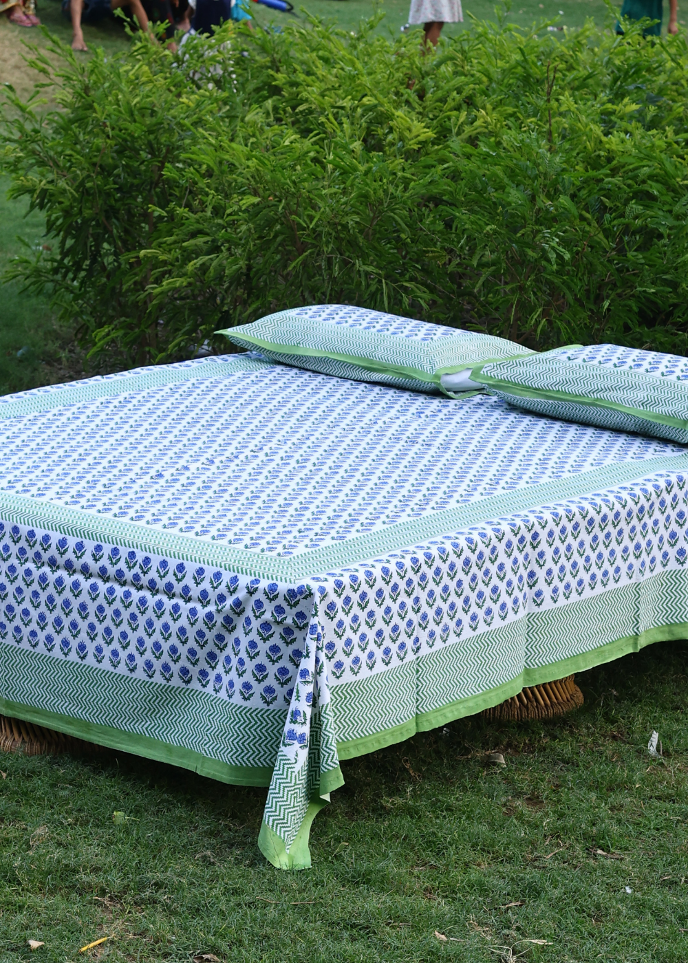 Block printed bedsheet in garden