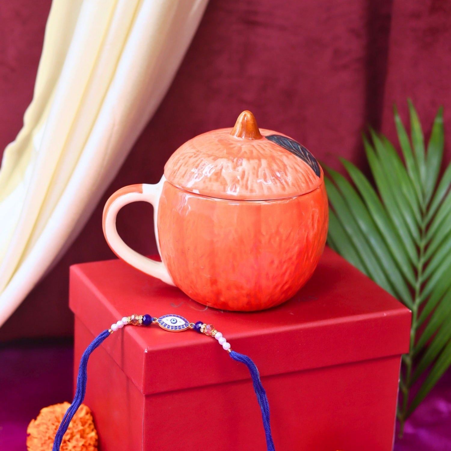 handmade Orange Lid Mug Rakhi gift box