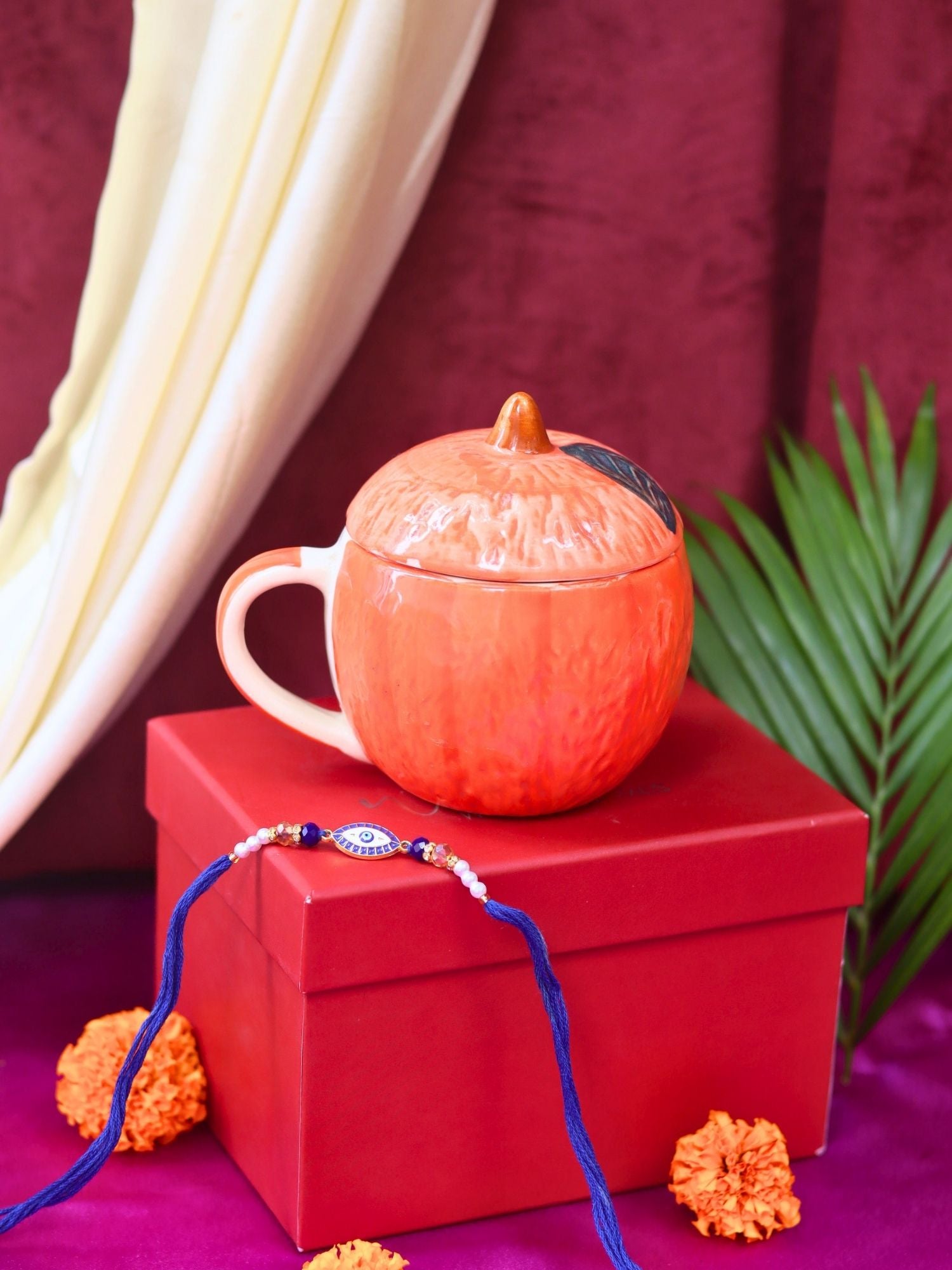 handmade Orange Lid Mug Rakhi gift box