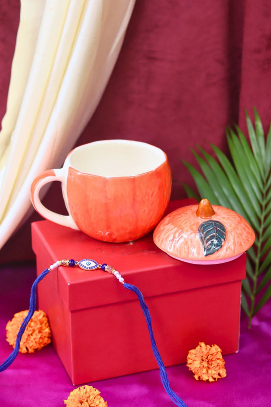 Orange Lid Mug Rakhi gift box made by ceramic