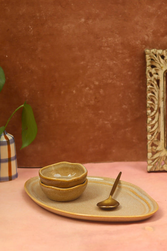 Artisanal Beige Serving Platter with Bowls handmade in India