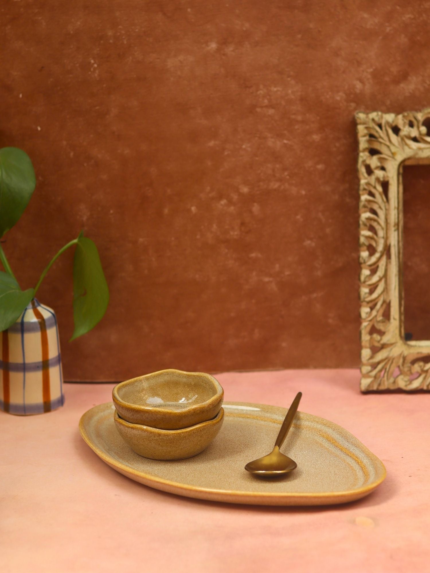 Artisanal Beige Serving Platter with Bowls handmade in India