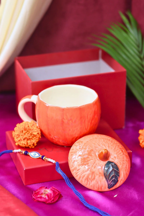 Orange Lid Mug Rakhi gift box handmade in india