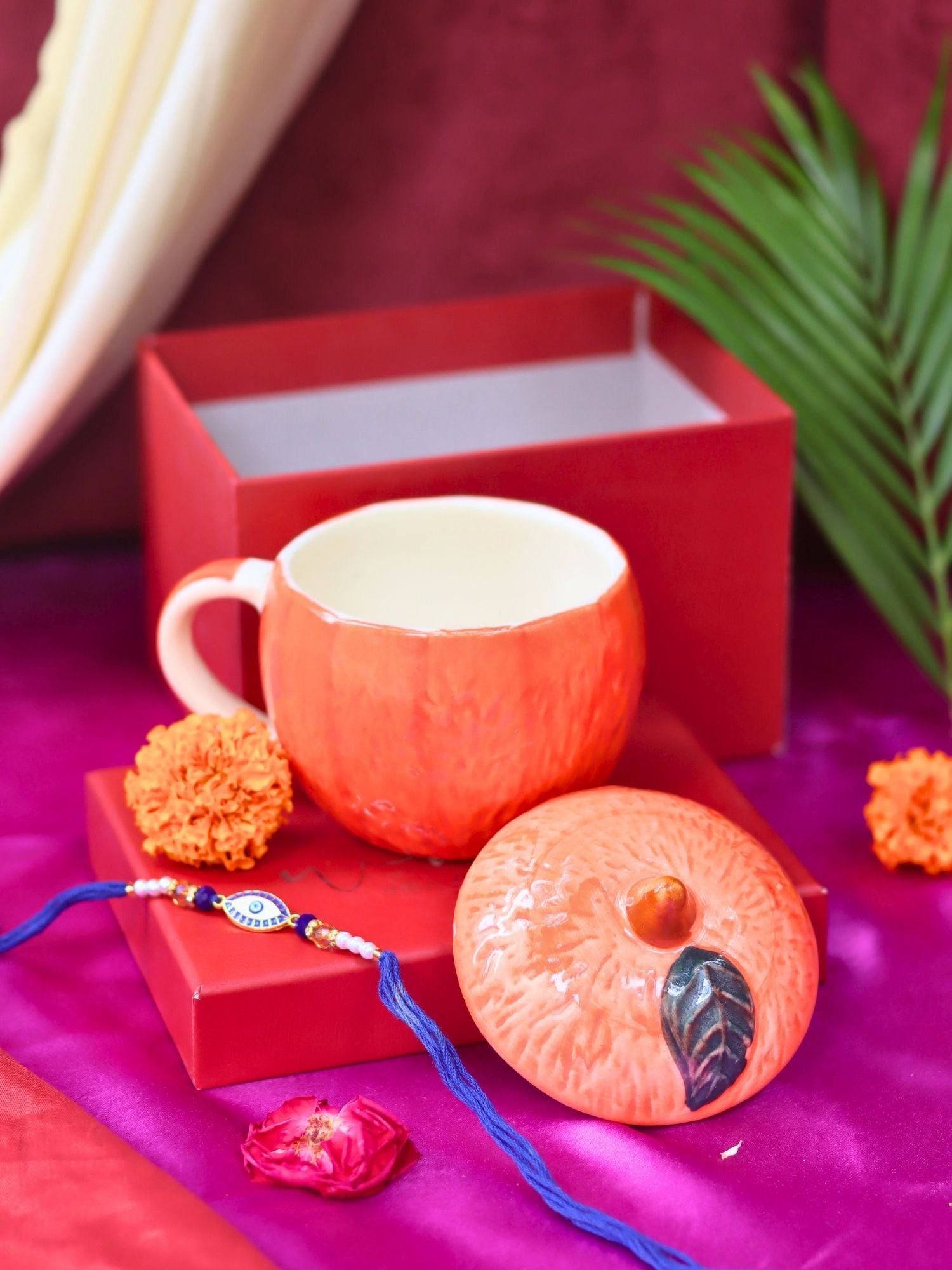 Orange Lid Mug Rakhi gift box handmade in india