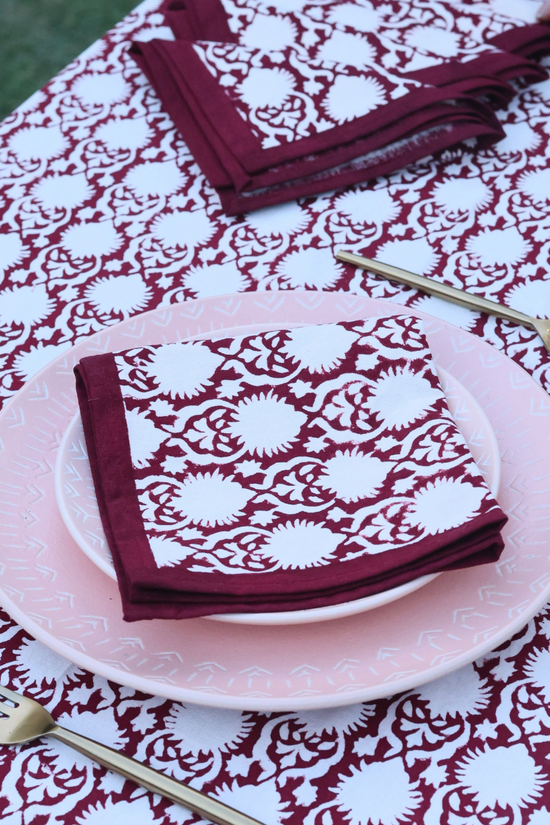 Maroon block printed table napkin
