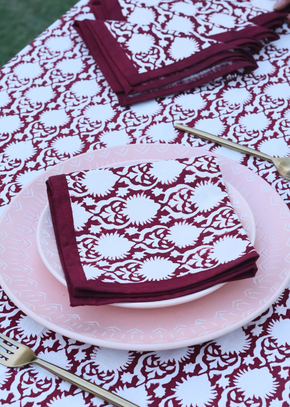 maroon block printed table napkin