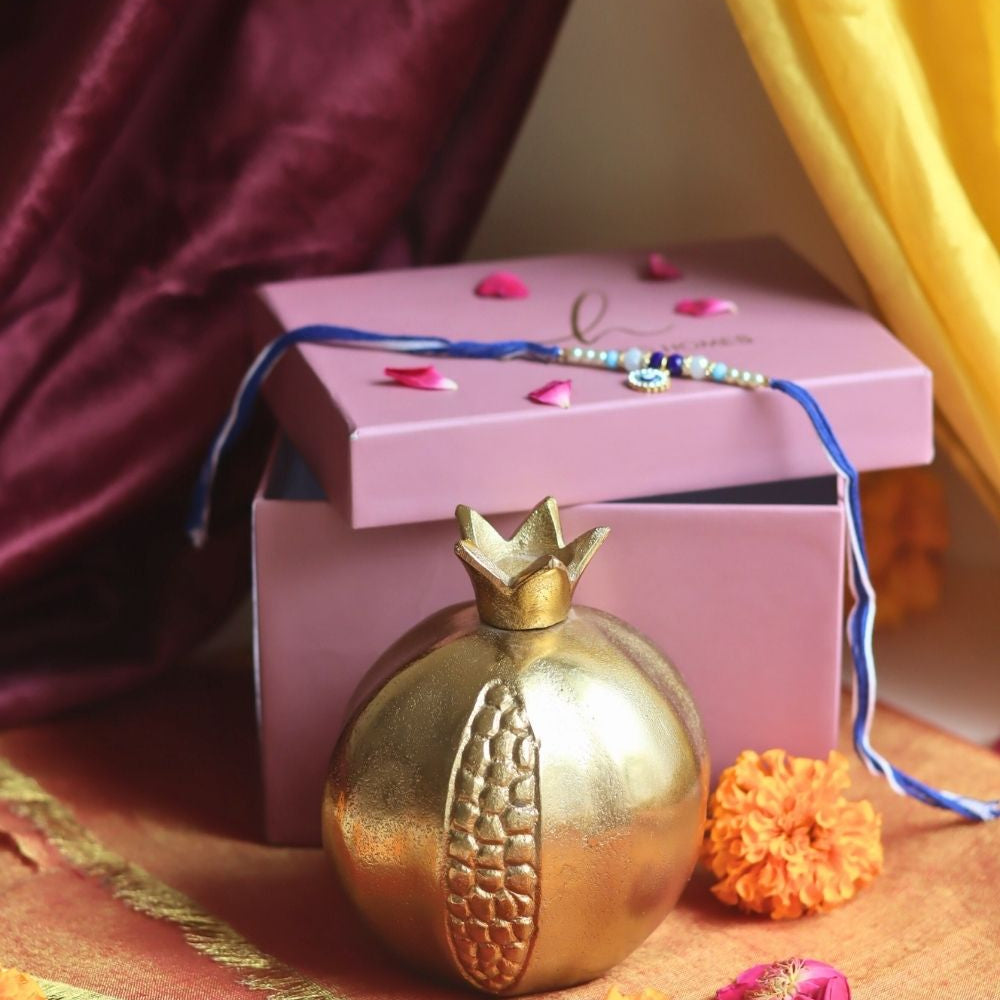 handmade Gold Pomegranate Decor Accent in a Gift box with Rakhi